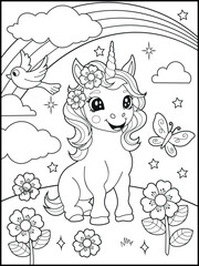 Illustration of a cute baby unicorn cartoon character. Black and white Printable Unicorn coloring page for kids.