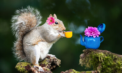 Cute squirrel with a flower on its ear enjoying a magical tea moment © giedriius