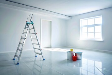 Empty Room After Paint Job - White Walls, Step Ladder, Paint Can