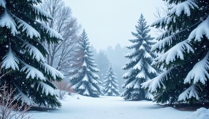 Obraz premium Snowflakes gently fall onto the branches of trees, snowy scenery, frosty landscape, snowfall