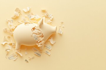Naklejka premium Shredded Currency Forming a Piggy Bank Silhouette Emphasizes Economic Instability Against Pastel Yellow Backdrop