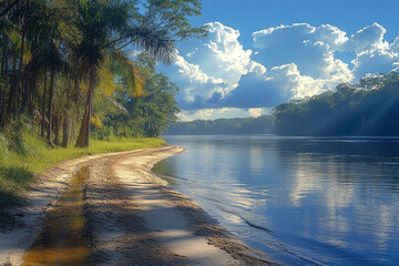 Serene Riverbank Scene Under A Cloudy Sky