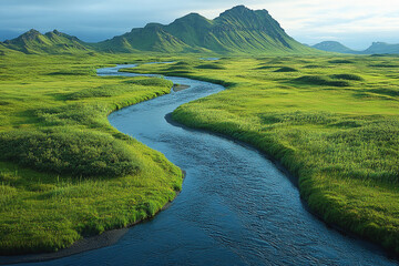 Serpentine River Winds Through Lush Green Valley And Mountains