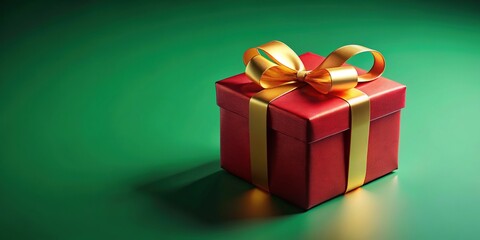Obraz premium Golden ribboned red gift box, portrait style, green backdrop.
