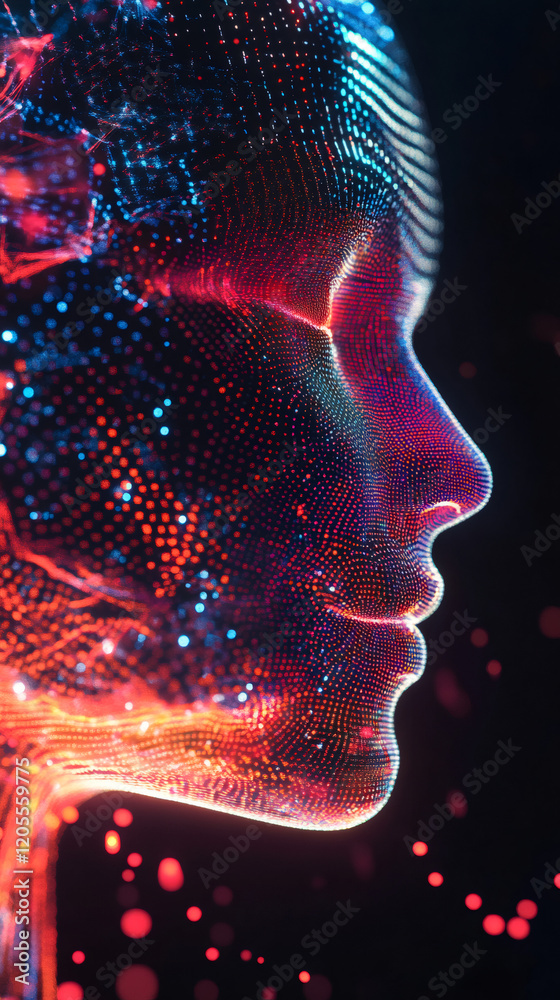 Aufkleber luminous facial profile constructed from vibrant digital particles, symbolizing neural networks and 