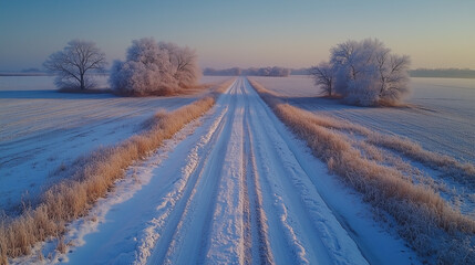 Obraz premium The winter road, illuminated by the bright sunset, is surrounded by a snowy landscape and falling snowflakes, creating an atmosphere of peace.