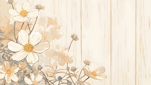 Delicate flower in pastel anime style, isolated against a soft wooden background, evoking a sense of calm and tranquility.