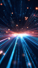 Obraz premium Hyperspace warp effect featuring glowing blue-orange particles, creating dynamic motion blur with cosmic sci-fi visualization