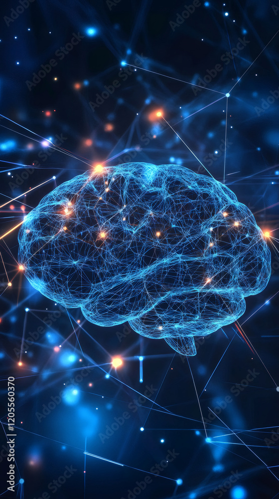 Poster digital brain with neural network simulating human intelligence, learning process, big data analysis
