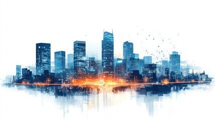 Obraz premium Futuristic city skyline at night with glowing lights and water reflection.