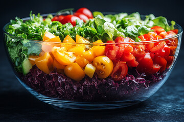 A Colorful Layered Salad in Glass Bowl
