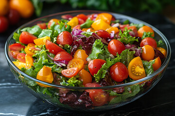 Fresh vibrant tomato and lettuce salad in a glass bowl