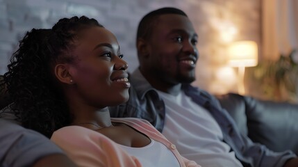 A Black couple is sitting on a couch and smiling.