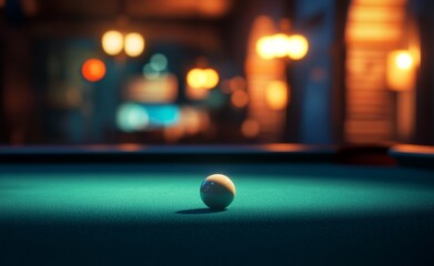 A billiard table with balls in the center of an empty bar, illuminated by warm lighting.