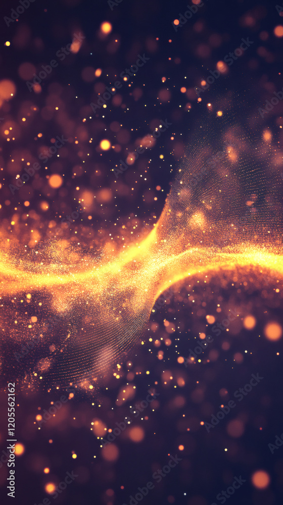 Poster Abstract background with golden particles swirling and flowing on a dark background, creating a mesmerizing visual effect