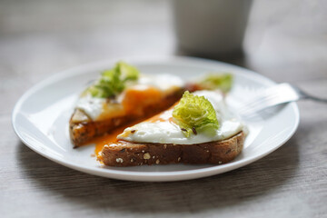 Sandwich with egg and herbs on a plate. Breakfast
