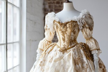 Elegant baroque gown embroidered with gold on a mannequin