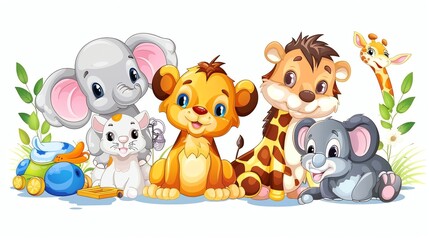 Obraz premium Six cartoon baby animals, including an elephant, lion, giraffe, koala, and two cats.