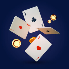 Online casino, welcome bonus, win banner, jackpot, poker, card suits, cards and money. Falling cards and coins. Gambling design