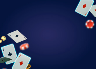 Online casino, welcome bonus, win banner, jackpot, poker, card suits, cards, money and poker chips.