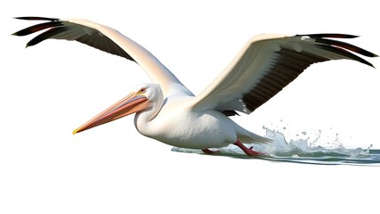 Obraz premium Majestic Pelican Flight Over Water, White Background