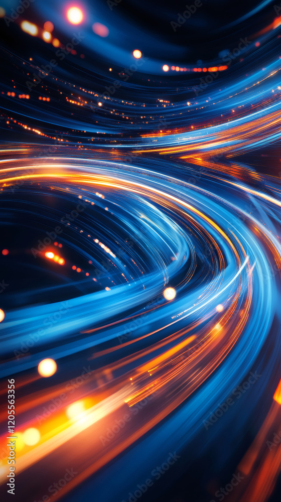 Poster Swirling blue and orange streaks of light create a dynamic and energetic pattern against a dark background, suggesting speed, technology, and innovation