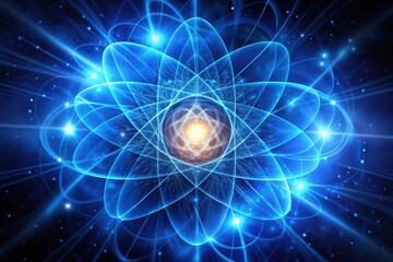 Fototapeta premium Illuminated Atomic Structure A Glowing Blue Representation of Subatomic Particles and Energy Fields