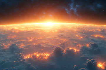 Naklejka premium Fiery Sunrise Illuminates Earthly Cloudscape From Above