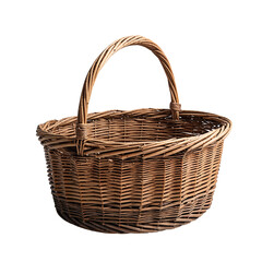 Fototapeta premium Natural Wicker Storage Basket with a Curved Wooden Handle Isolated on Transparent Background.