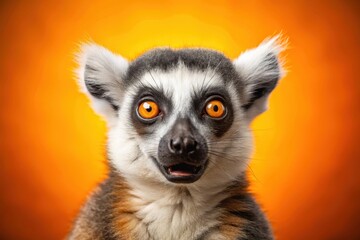 Obraz premium A Curious Ring-Tailed Lemur Poses Against a Vibrant Orange Background, Its Large Orange Eyes and Open Mouth Expressing Playful Surprise