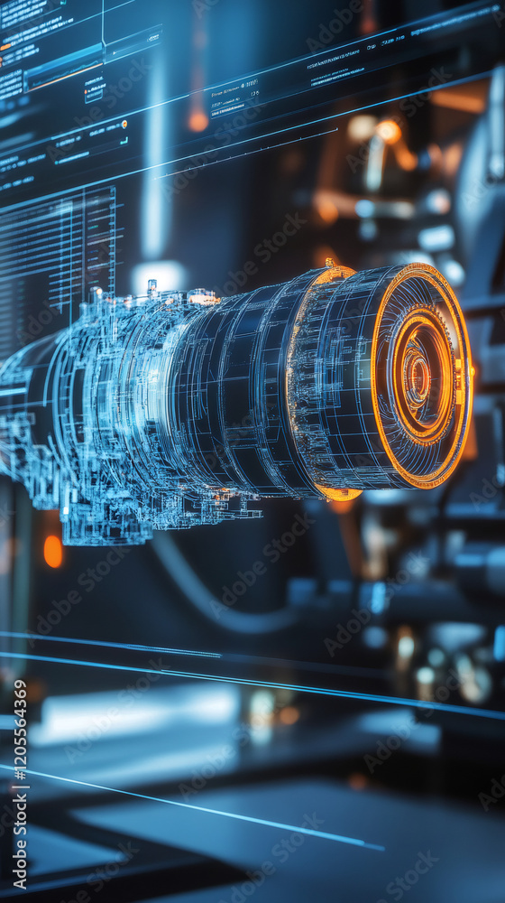 Aufkleber holographic projection of a jet engine being designed on a transparent screen in a futuristic indust