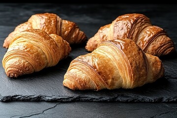 Four golden croissants on a dark slate plate