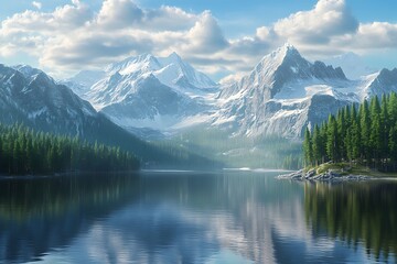 Fototapeta premium Serene mountain landscape with reflections on a calm lake.