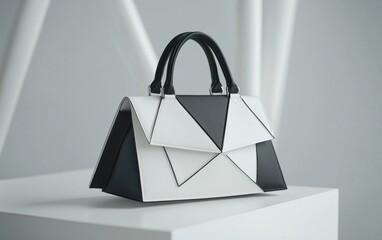 Trendy geometric-shaped bag in a monochrome palette placed on a fresh white surface