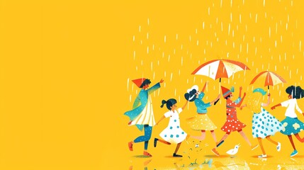 Fototapeta premium A group of diverse people are enjoying a rainy day, walking in the rain with umbrellas.