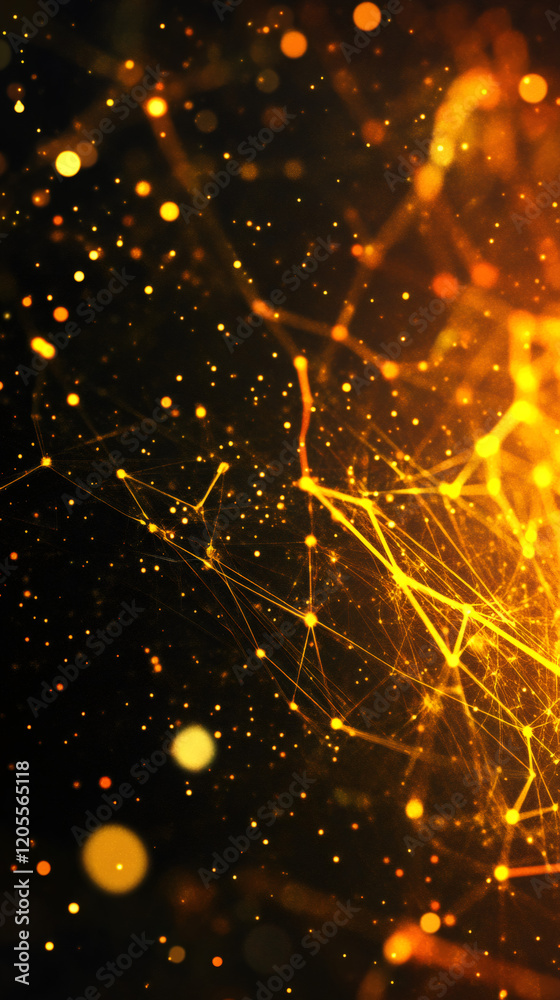 Fototapete complex golden network growing, expanding and connecting on dark background with bokeh effect, ideal