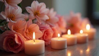 Delicate flowers and candles peaceful symbol of cancer remembrance.