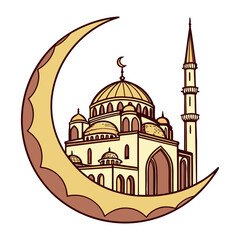 Mosque and Moon Vector Style Illustration