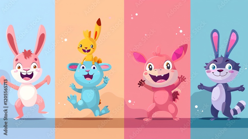 Canvas Prints four cartoon rabbits in various colors and poses on a colorful background.