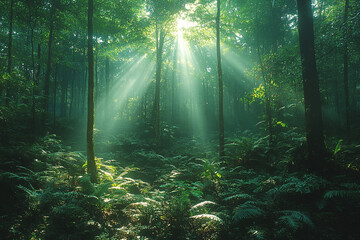 Fototapeta premium Sunbeams Illuminate Lush Green Forest Canopy