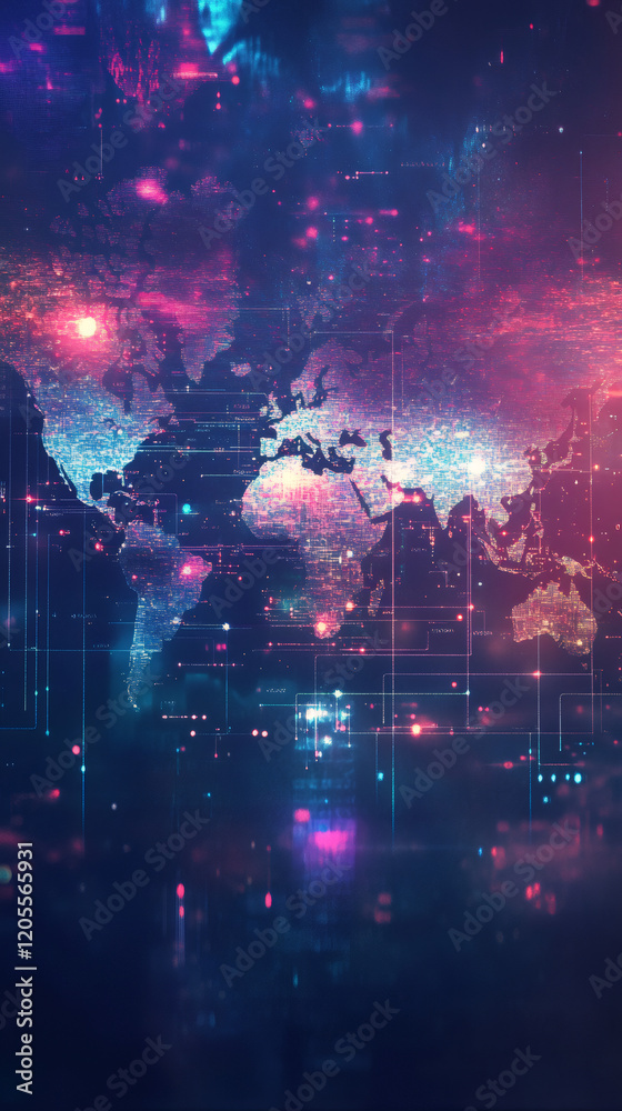 Leinwandbilder futuristic world map with glowing lines and nodes, representing global communication and data flow i