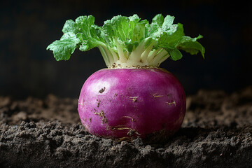A vibrant purple turnip rests on dark soil
