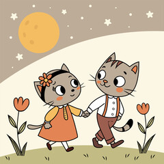 cats walking at night holding hands. moon, stars and flowers in the background. illustration postcard Vector illustration