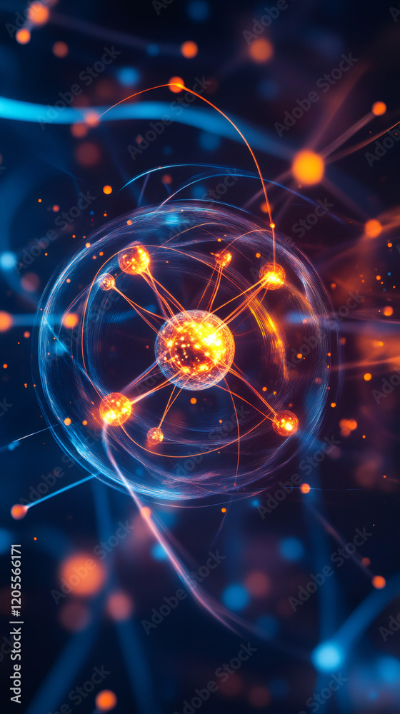 Fototapete electrons orbiting nucleus surrounded by dynamic energy field in stylized atom representation, ideal