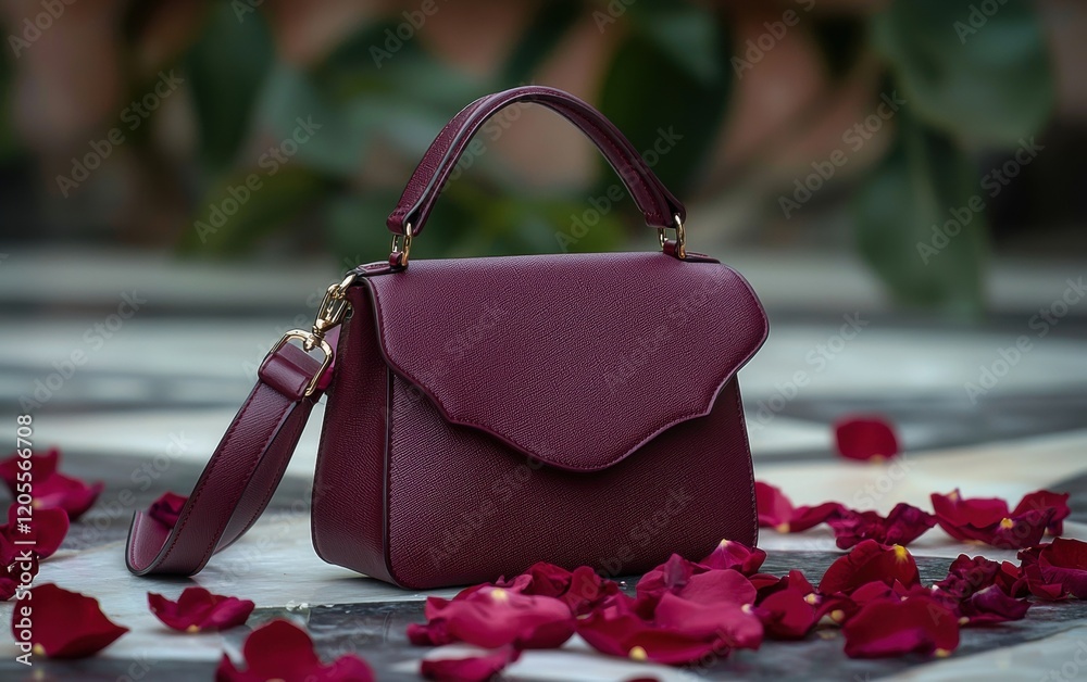 Wall mural Trendy structured handbag in deep burgundy displayed with rose petals for a romantic theme