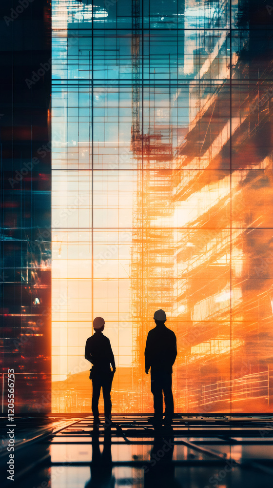 Poster two engineers are checking the progress of works at a construction site at sunset, silhouette view