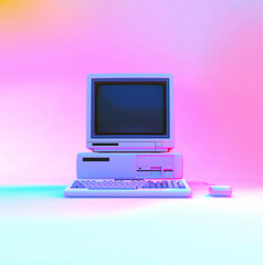 Vintage Desktop PC with Floppy Drive, Keyboard and Mouse in Soft Neon Lighting. Front View. 3D Rendering.