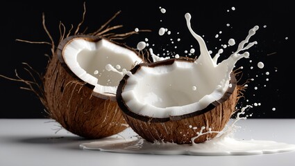 Coconuts with milk splash on black background