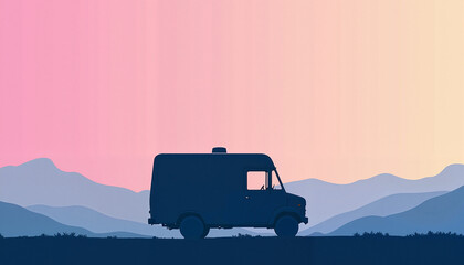 Fototapeta premium Silhouette of a vintage van against a colorful sunset with mountains in the background