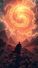 A lone figure in a red cape stands on rocky terrain, gazing up at a swirling, fiery sky above majestic mountains.

